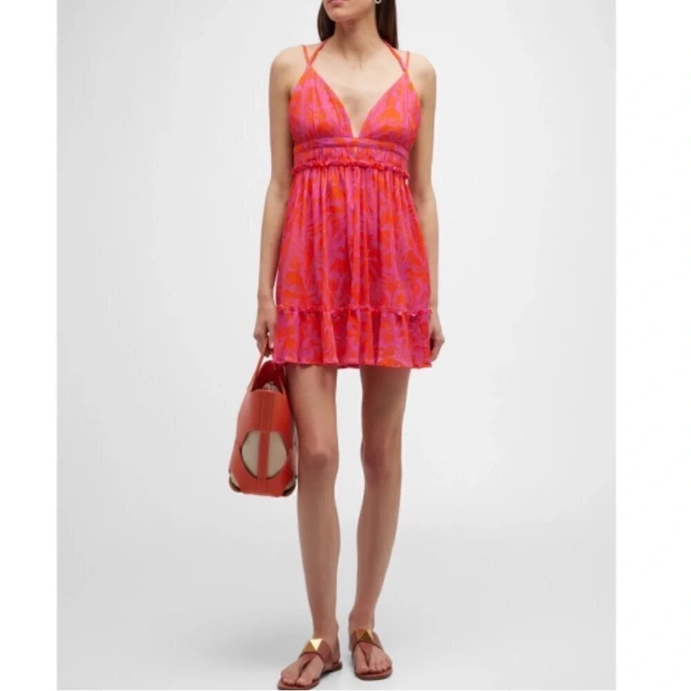 PQ Swim Daphne Palm-Print Mini‎ Dress/Cover-Up in Pink/Orange.